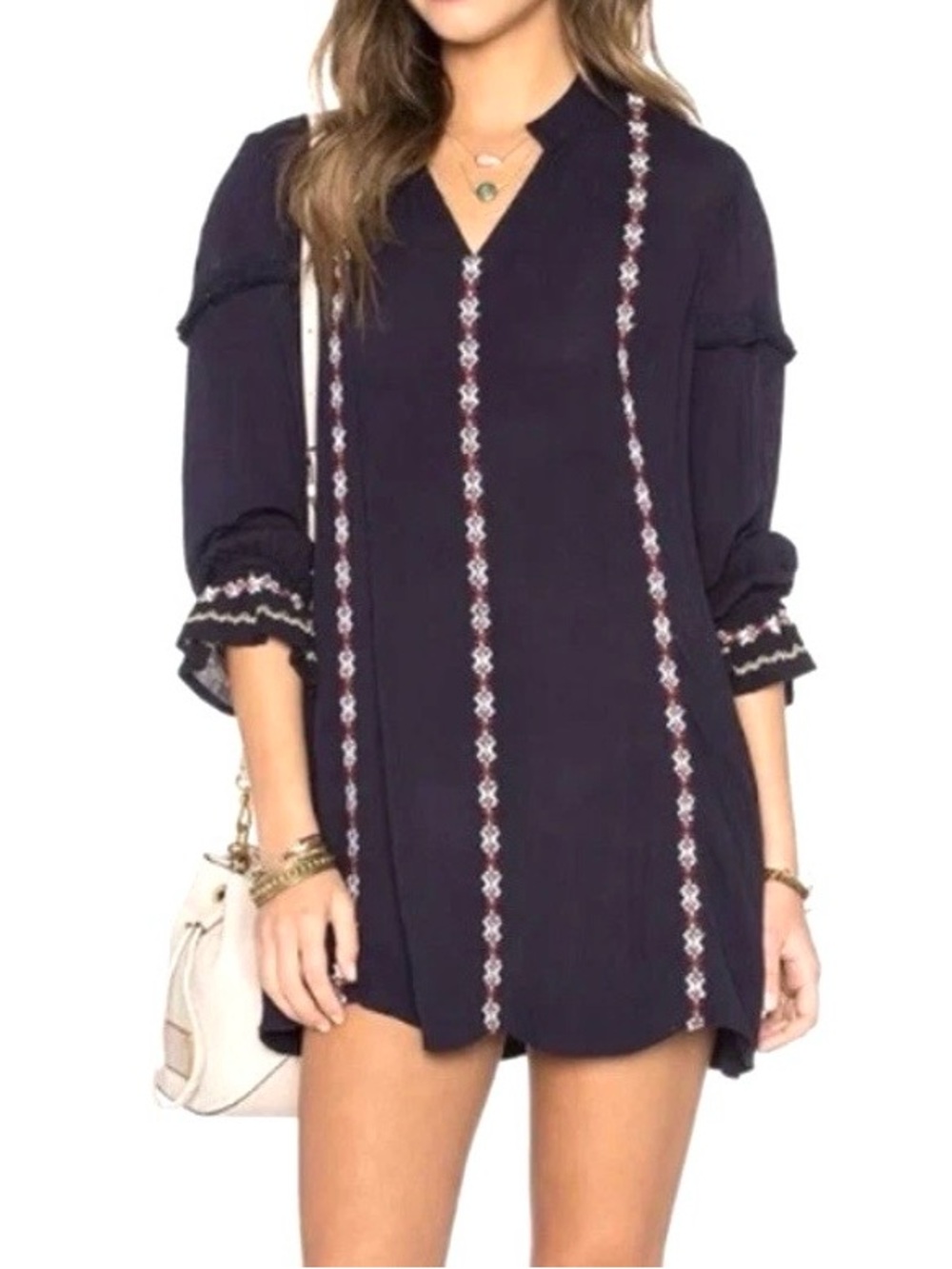 Tularosa Revolve Arabella Tunic Dress Size S Embroidered‎ Gauzy Navy Boho Flowy